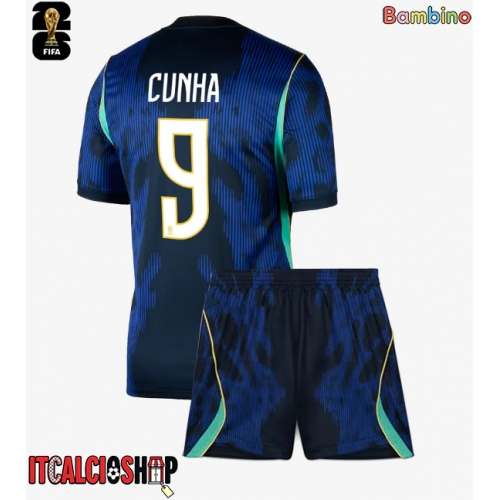 Brasile Matheus Cunha #9 Seconda Maglia Bambino Mondiali 2026 Manica Corta (+ Pantaloni corti)